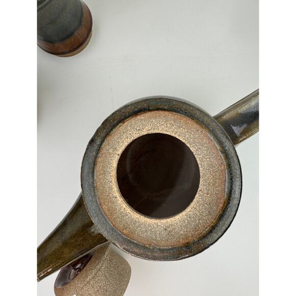 Brown Green Ceramic Hand Thrown Pottery Decorative Cup & Teapot Tea Set 3-Piece - Picture 11 of 12